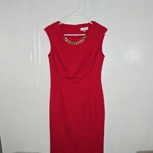 Calvin Klein Red Midi Dress with Gold Chain Accent